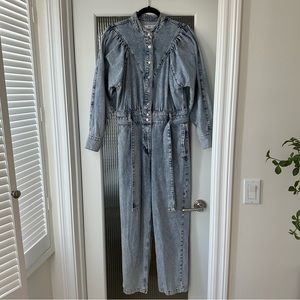 Mango Light Denim Jumpsuit with Puff Sleeve • Size Small